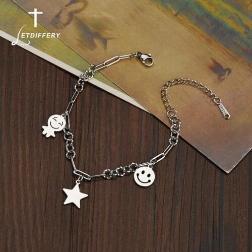 Letdiffery Never Fade Stainless Steel Smiley Face Bracelets Cute Star Teruterubozu Charms Women Bracelet Birthday Gifts