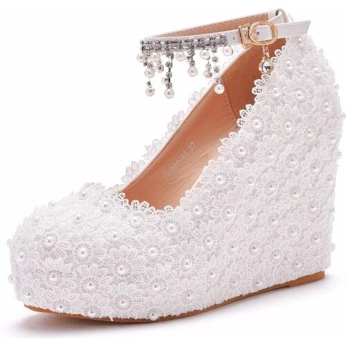 New Crystal Sexy White Wedges Wedding Pumps Sweet White Flower Lace Pearl Platform Pump Shoes Bride Dress word buckle High Heels