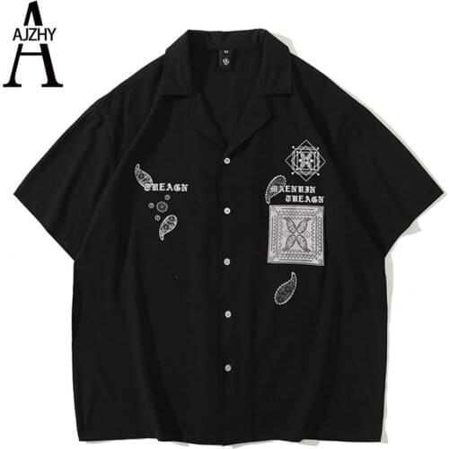 Oversized Men Shirts Print Casual Male Tops Loose Hip Hop Streetwear Harajuku Short Sleeve Fashion Shirts Black Korean Clothes