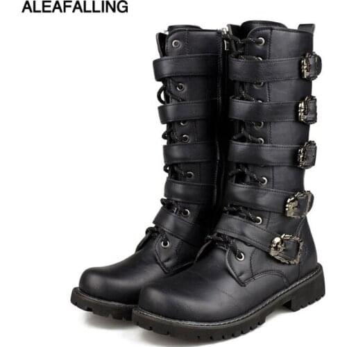 Aleafalling Men Army Boots High Military Combat Boots Metal Buckle Punk Mid-calf Male Motorcycle Boots Lace Up Mens Shoes Rock
