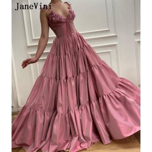 JaneVini Sexy Muslim Blush Pink Long Evening Dresses A Line Spaghetti Straps 3D Flowers Satin Sweep Train Dubai Women Party Gown