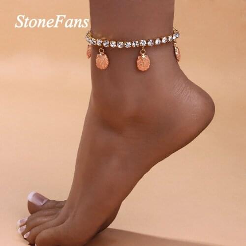 Stonefans Punk Fashion Pendant Shell Anklets Wholesale for Women Summer Rhinestone Tennis Chain Foot Bracelet Beach Jewelry