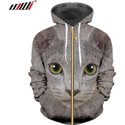 UJWI Man New 3D Printed Cat Horrible Green Black Stitching Eyes Animal Zip Hoodies Large Size Funny Zipper Coat