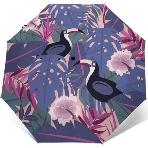 Tropical Forest Birds And Flowers Windproof Automatic Folding Inverted Umbrella Portable Paraguas for Man Woman