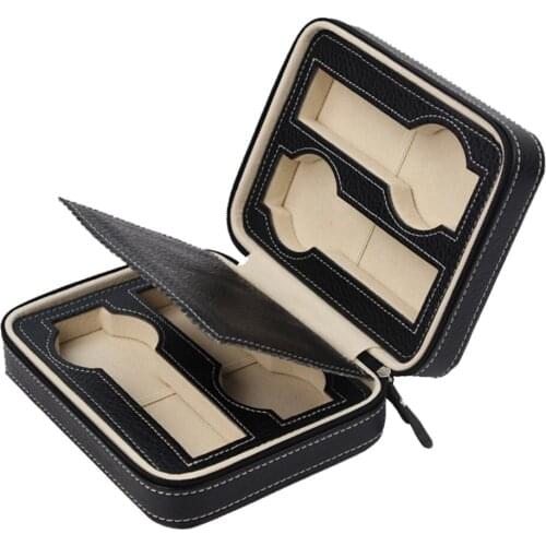 Vintage 4 Compartments Portable Leather Zipper Storage Watch Organizer Case Box