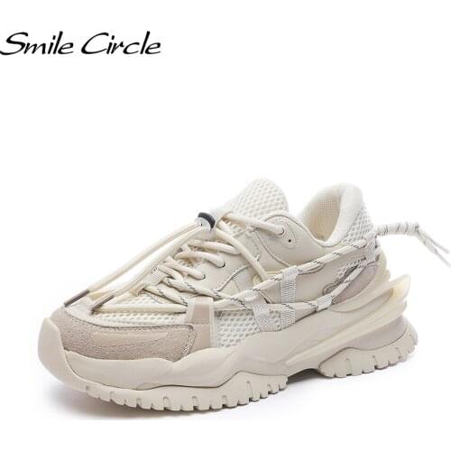 Smile Circle Women Sneakers Flat Platform Shoes Fashion Mixed colors Breathable mesh Thick bottom Drawstring Sneakers Ladies