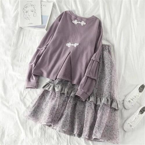 Women Autumn Purple Kawaii 2pcs Set Student Long Sleeve Sweatshirt Cotton Split Pullover Ruffled Floral High Waist Pleated Skirt