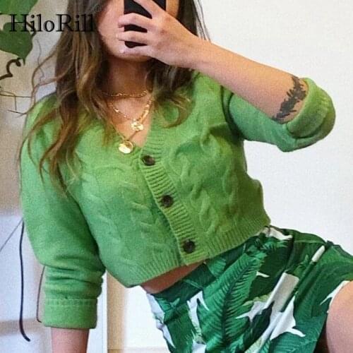 HiloRill Solid Casual V Neck Twist Sweater Women Long Sleeve Green Short Tops Fashion Knitted Cropped Cardigan Sweater Female