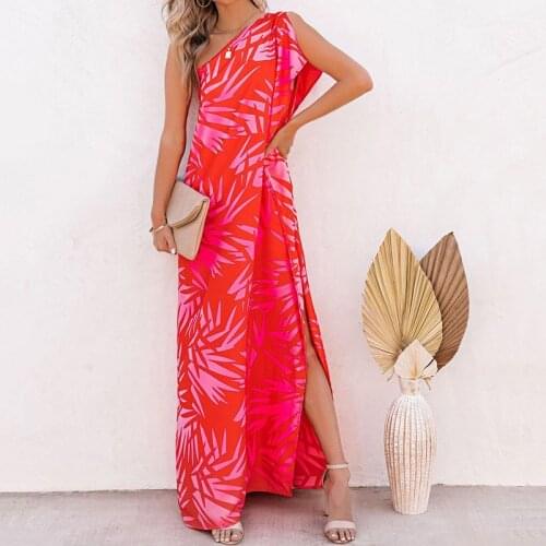 Women Flower Printed Dresses With One Open Shoulder Skew-Collar Asymmetrical Dress Female Party Elegant Fashion Summer 2021