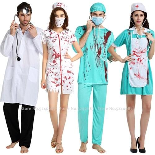Nurses Day Women Sexy Party Dress Men Doctor Coats Tops Pants Hats Halloween Horror Bloody Nurse Uniform Scary Cosplay Costumes
