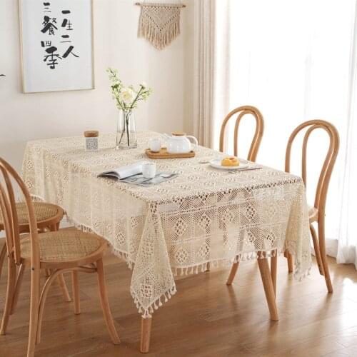 2021 Crochet Hollow Tablecloth Lace Tassels Home Decor Pastoral Handmade Fabric Coffee Table Beige Black Green Tablecloth