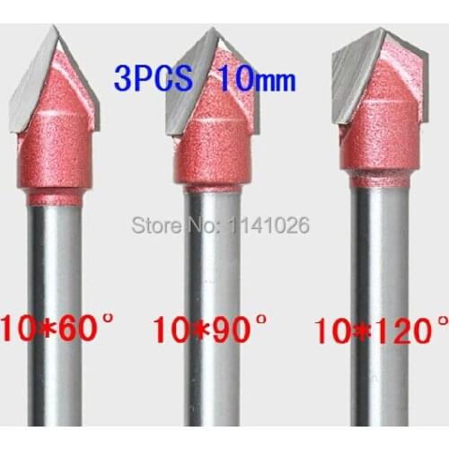 3PCS(60 Degree + 90 Degree +120 Degree) Shank-6mm Width-10mm, V Groove Woodworking Tool Sets, Engraving Bits 3D CNC Router
