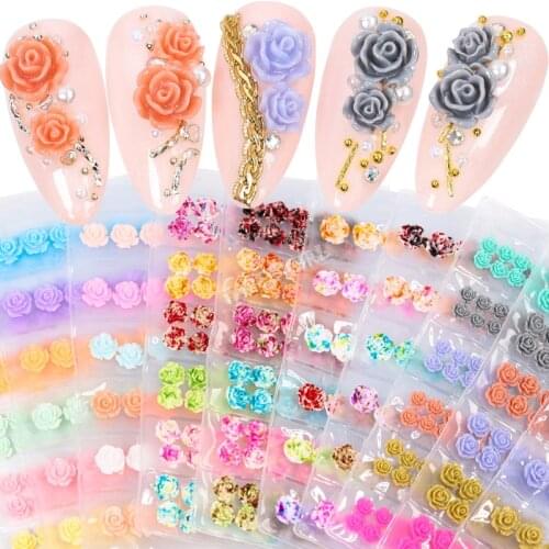 36/60 pcs/Pack Nail Glitter 3D Rose Colorful Dyeing Candy Color Resin Flowers Acrylic Nail Art Rhinestone Decoration Manicure