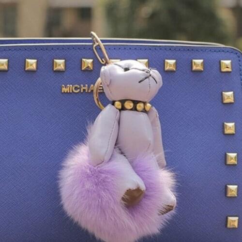 New Bear Pompom Ball Key Chain with Real Fox Fur Chaveiro Key Ring Holder Hang Bag Charm Pendant Car Accessories EH856