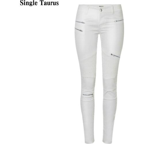 Low Waist Leather PU Pants Women Streetwear Fake Zippers White Cargo Pants Women Punk Push Up Plus Size Skinny Coated Jean Mujer
