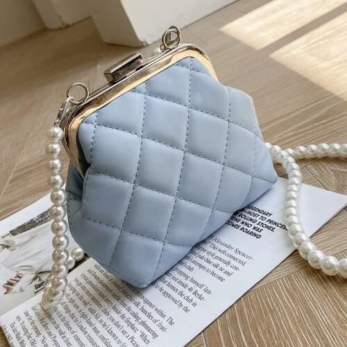 Elegant Blue Black Lattice Banquet Shell Bag Soft Pu Leather Crossbody Bag For Women 2021 New Pearl Chain Evening Shoulder Bag