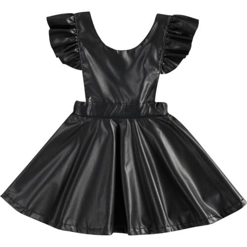 FOCUSNORM 2021 Fashion Kids Girls Dress Solid PU Leather Ruffles Short Sleeve Backless Knee Length A-Line Dress