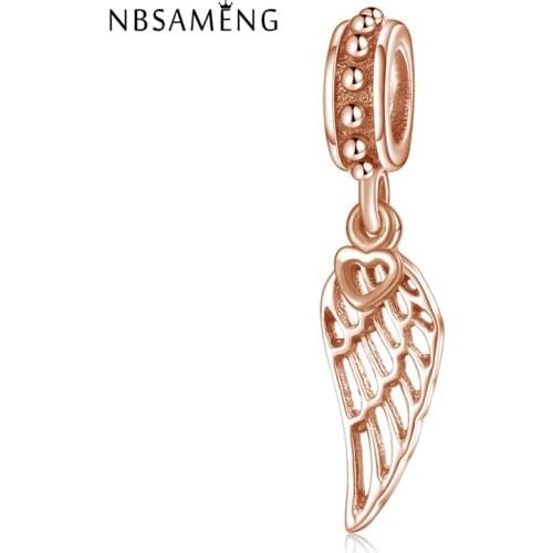 Hot Sale 925 Sterling Silver Rose Gold Color Angle Wing Pendant Beads Charm Fit Bracelets & Bangles DIY Jewelry Gift