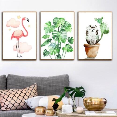 HAOCHU Watercolor Nordic Green Monstera Leaf Flamingo Wall Poster Canvas Painting For Pastoral Bedroom Home Decor No Frame