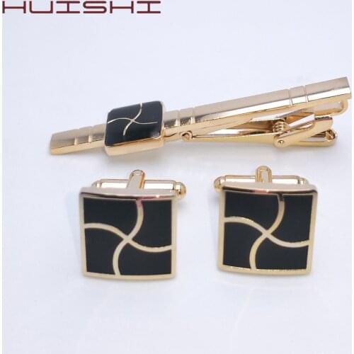 HUISHI Luxury Tie Clips Cufflinks Set For Mens Simple Diagonal Bussiness Cuff links Gold Sliver Men Jewelry Two-piece Gifts