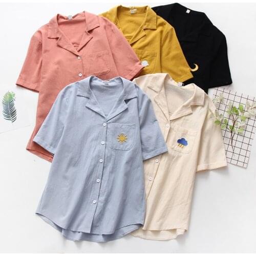 New Women Solid Color Short Sleeve Weather Sign Embroidered Cotton Shirt T-shirt