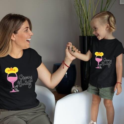 Sleeping Beauty Family Clothes Printing Disney Series Wine Glass Princess Short Sleeve Baby Girl Boy Harajuku Adult Unisex Trend