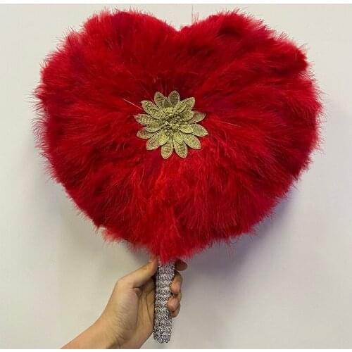 1Pc/bag African Blue Turkey Feather Hand Fan Handmade Fans for Wedding Decoration Hand Fan with Stones Double-sided Feather Fan