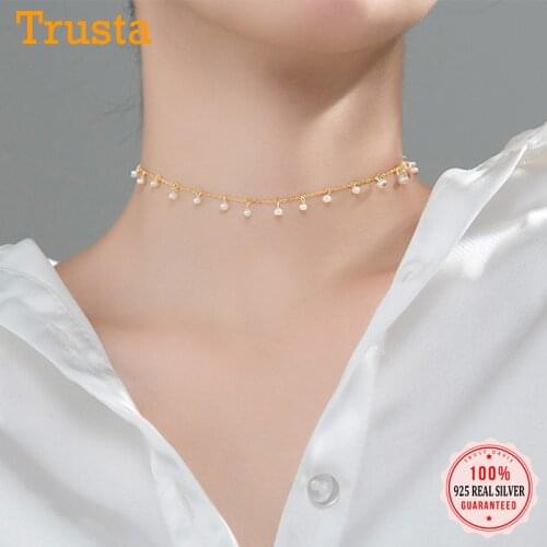 Trustdavis Real 925 Sterling Silver Minimalist Sweet Elegant Pearl Short Clavicle Necklace for Women Wedding Jewelry Gift DA1221
