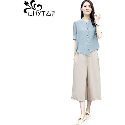 UHYTGF Women Tracksuit Soft Cotton Iinen Comfortable Summer Two-Piece Set Loose Wide-Leg Pants Casual Plus Size Suit Female 1597