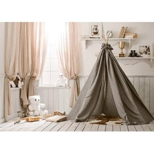 Bedroom Toy Bear Tent Curtain Wooden Floor Photo Backdrop Vinyl Background for Children Baby Shower Photoshoot Photography Props