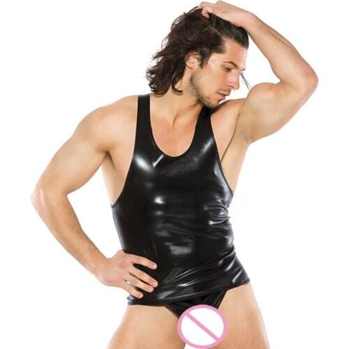 High Quality Black Men Sexy Faux Leather Lingerie Set Vest Tops And G-string Exotic Clubwear Male Bandage Underwear M-XXL