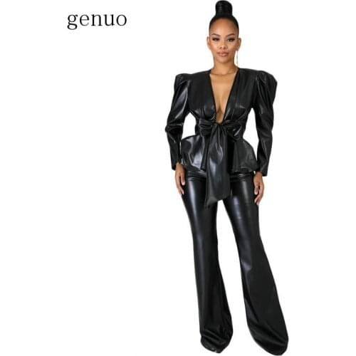 Sexy PU Leather 2 Piece Set Winter Clothes For Women Deep V Neck Puff Sleeve Sashes Top And Black Flare Pants Club Tracksuits