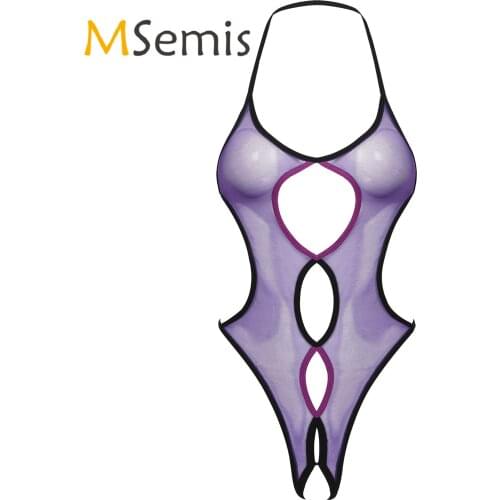 Womens Erotic Lingerie Crotchless Bodysuit See-through Mesh Slim Fit Jumpsuit Halter Neck Hollow Out Underwear Sexy Nightwear