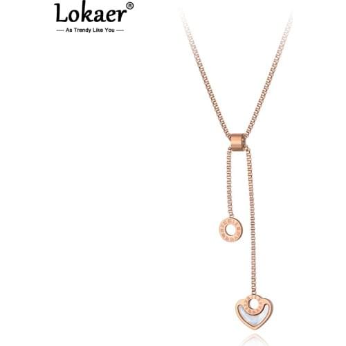 Lokaer Roman Numeral Circle & Heart Stainless Steel Women Wedding Necklace Jewelry Fashion Charm Shell Choker Necklaces N19048