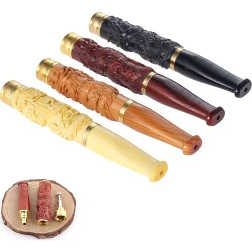 1PC Sandalwood Hand Carved Double Filter Cigarette Holder Pipes Smoking Pipe Cigarette Holder Tobacco Pipe Mouthpiece Smoke