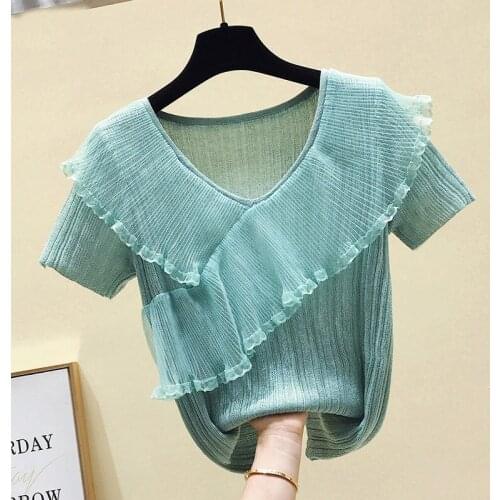 2021 New Summer Women Fashion V-Neck Tees Short Sleeve Knitted T-Shirt Female Ice Silk Mesh Ruffles Solid Pull Jumper Tops A41