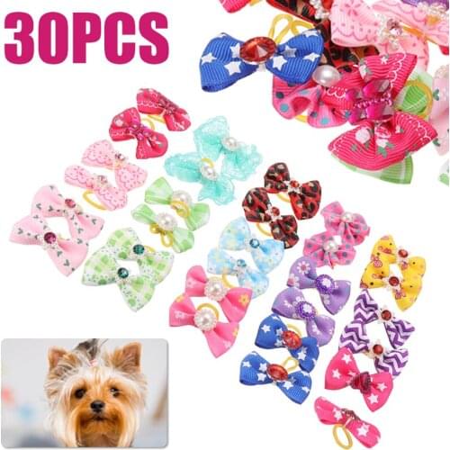30pieces/lot 3-4cm Pet Grooming Accessories Handmade Dog Cat Hair Bows with Elastic Flower Rubber Band Headdress Color Random