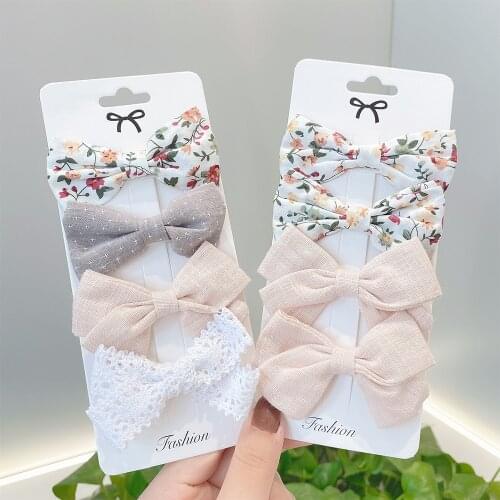 4Pcs/Set Cotton Linen Leopard Printed Bowknot Hair Clips For Kids Girls Lace Bows Barrettes Hairpins Headwear Hair Accessories