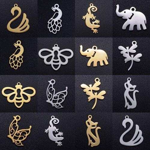 5pcs/lot Animal Cat Kitty DIY Charms Wholesale 100% Stainless Steel Peacock Pendant Butterfly Dragonfly Bee Connectors Charm