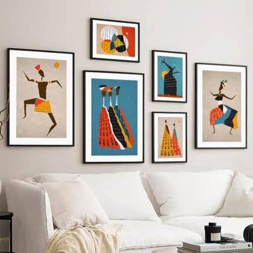 Abstract Tribal Girl Color Block Tree Sun Wall Art Canvas Painting Nordic Posters And Prints Wall Pictures For Living Room Decor