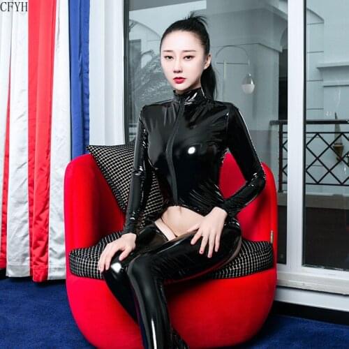 Zipper Hollowing Out Long Sleeve Bodysuit Sexy Bodysuits Leather PVC Catsuit Bodystocking Sexy Hot Erotic One Piece Overalls