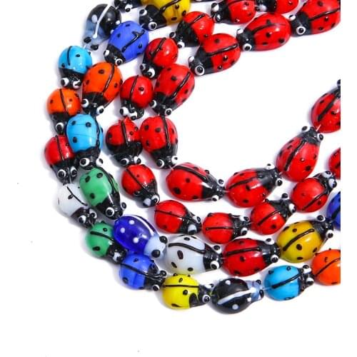 20Pcs 9x13mm/10x15mm Mix Color Black Beetle Ladybug Flower Patterns Glass Lampwork Spacer Loose Beads for Jewelry Making DIY