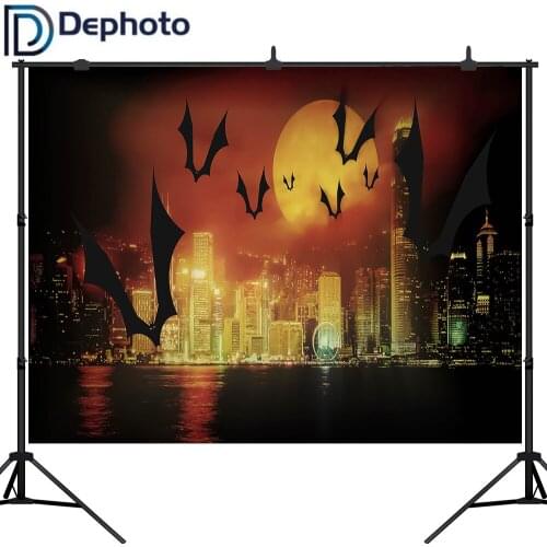 Dephoto Photography Backdrops Cartoon Bat Halloween City Night Big Moon Kids Background Photocall Printed Photo Studio
