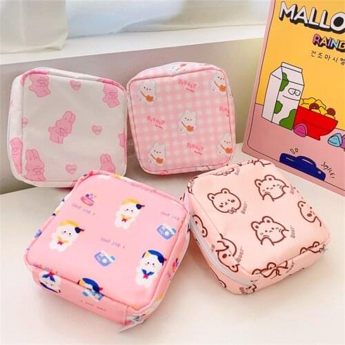 Travel Kawaii Cosmetic Storage Bag For Girls Cute Bear Rabbit Tampon Sanitary Pad Pouch Mini Makeup Earphone Coin Sundries Bags