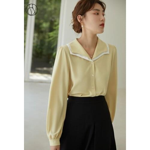 DUSHU Women Shirt French Contrast Double Collar Shirt Solid Long Sleeve Slim Shirt Button Up Shirts Women Vintage Design Shirts
