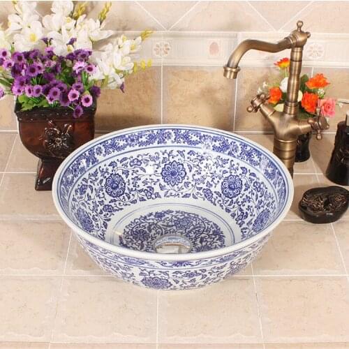 Blue and white Artistic Handmade porcelain Round bathroom counter top ceramic Bathroom sink bathroom sink basin bathroom sinks