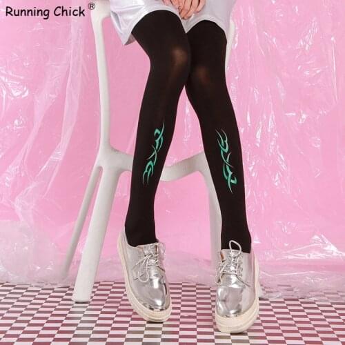 RUNNING CHICK Dark Green Totem Print Women Black Thin Pantyhose Wholesales
