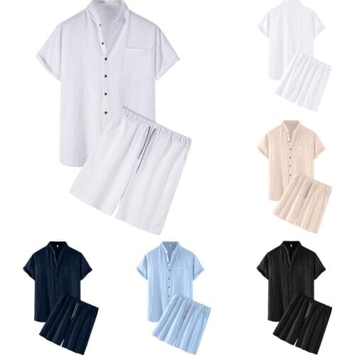 Fashion Men Home Casual Cotton and Linen Solid Colors Short Sleeve Basic Loose Breathable Shirt Tops Shorts Two Piece Sets#g3