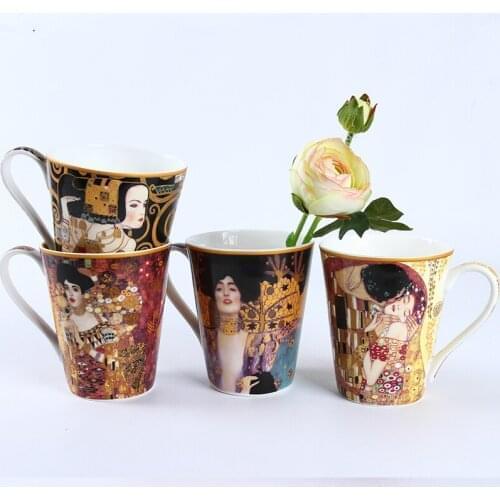 Creative Bone China Water Cup Famouspaint Oil Painting Art Coffee Teacup Ceramics Milk Cafe Mug 410ml Handgrip The Kiss