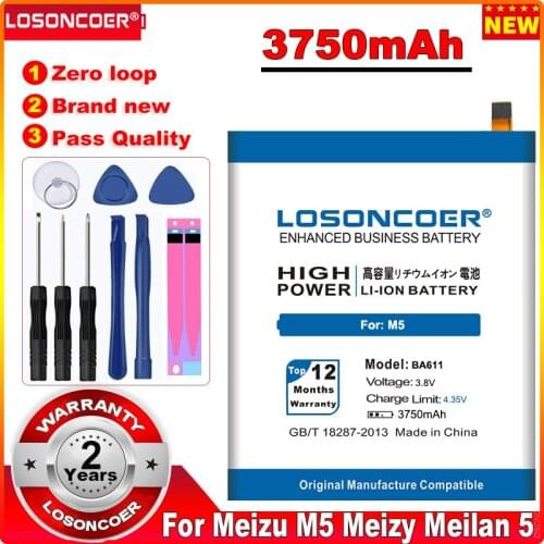 LOSONCOER 100% New 3750mAh BA611 Battery For Meizu M5 Meizy Meilan 5 Replacement Batteries Fast delivery+Gift tools kit